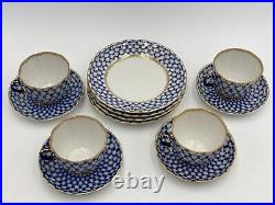 12-Piece Imperial Lomonosov Porcelain Cobalt Net Demitasse Cups Saucers Plates