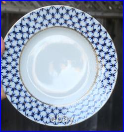 12 Vintage LOMONOSOV Porcelain Cobalt Gold Net Dinner Plates Russian Imperial