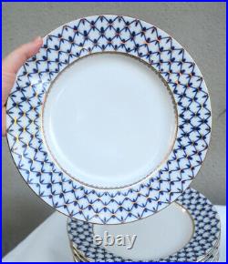 12 Vintage LOMONOSOV Porcelain Cobalt Gold Net Dinner Plates Russian Imperial