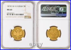 1873, Russia, Emperor Alexander II. Gold 5 Roubles Coin. Scarce Date! NGC MS-60