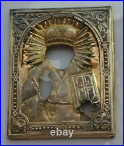 1880y. RUSSIAN ROYAL IMPERIAL 84 SILVER GOLD OKLAD ICON BISHOP NICHLAS PAINTING