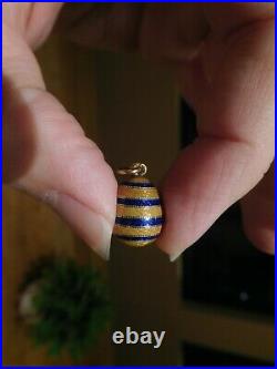 1900 Faberge 14K Gold Blue Yellow Enamel Bee Belly Easter Egg Charm Pendant