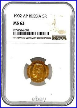 1902 Ms-63 Gold Coin 5 Roubles Graded Ngc Rubles Russian Imperial Antique Coin