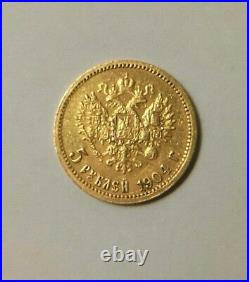 1904 Rare Russia Gold 5 Rubles (A) gold Coin Imperial Russian Nicholas II