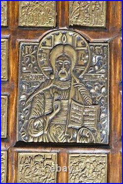 19c RUSSIAN IMPERIAL CHRISTIAN BRASS ICON JESUS CHRIST GOLD MATHER CROS SAINTS