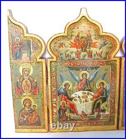19c. RUSSIAN IMPERIAL ORTHODOX PALEKH ICON TRIPTYCH HOLY TRINITY GOLD CROSS EGG