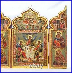 19c. RUSSIAN IMPERIAL ORTHODOX PALEKH ICON TRIPTYCH HOLY TRINITY GOLD CROSS EGG