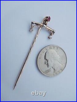 19th Century Imperial Russian Gold Silver Diamonds Ruby Love Balance Stick Pin
