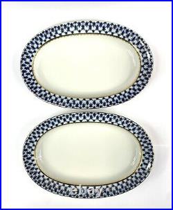 2 Antique Russian Imperial Lomonosov Porcelain Oval Dishes Cobalt Net Blue/gold