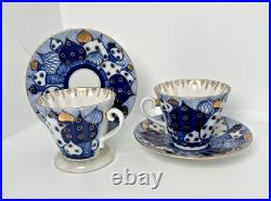 2 Lomonosov Imperial Russian Domes Cobalt Cups and Saucers USSR