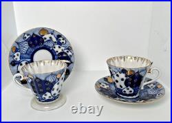 2 Lomonosov Imperial Russian Domes Cobalt Cups and Saucers USSR