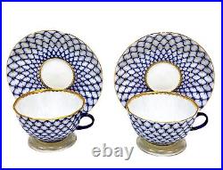 2 Mint 22K Gold Lomonosov Imperial Russia Porcelain Cobalt Net Cups and Saucers