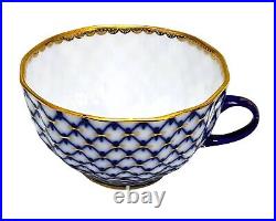 2 Mint 22K Gold Lomonosov Imperial Russia Porcelain Cobalt Net Cups and Saucers