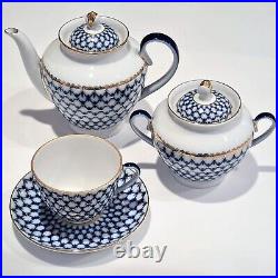 22 Gold Cobalt Net Tea Set 6/20 Russian Imperial Lomonosov Porcelain (8322)