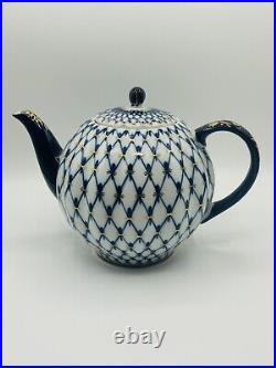 22K Gold Cobalt Net Russian Tea Pot Imperial Lomonosov porcelain. Large