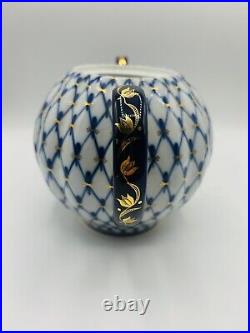 22K Gold Cobalt Net Russian Tea Pot Imperial Lomonosov porcelain. Large