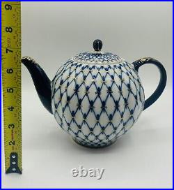 22K Gold Cobalt Net Russian Tea Pot Imperial Lomonosov porcelain. Large