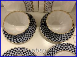 22K Gold Cobalt Net Tea Cup Saucer Plate Russian Imperial Lomonosov porcelain