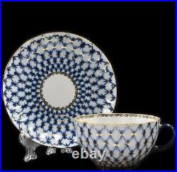 22K Gold Cobalt Net Tea Cup & Saucer Russian Imperial Lomonosov porcelain (4272)