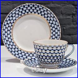 22K Gold Cobalt Net Tea Set 1/3 Russian Imperial Lomonosov porcelain