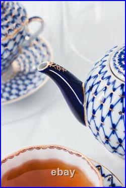 22K Gold Cobalt Net Tea Set 6/14 Russian Imperial Lomonosov Porcelain (9768)