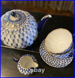 22K Gold Cobalt Net Teapot Partial Set Russian Imperial Lomonosov porcelain