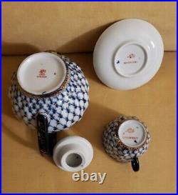 22K Gold Cobalt Net Teapot w Cup Saucer Set Russian Imperial Lomonosov Porcelain