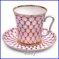22K Gold Pink Net Mug and Saucer Russian Imperial Lomonosov Porcelain (9763)