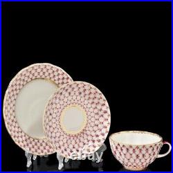 22K Gold Pink Net Tea Set 6/20 Russian Imperial Lomonosov Porcelain (9785)