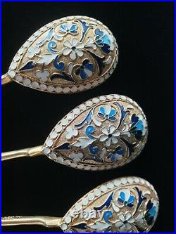 6 Rare Antique Imperial Russian Cloisonne Fire Enamel Silver Gold Wash Spoon Set