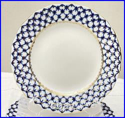 6 Russian Imperial Lomonosov Porcelain 22K Gold Cobalt Net Dessert Dish Plate 7