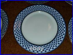 6 Russian Imperial Lomonosov porcelain Dinner Plate Cobalt Net 22K Gold 10.5 in