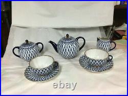 9 Pcs Russian Imperial Lomonosov Porcelain Tea Pot, Sugar, Creamer, 2 C/s
