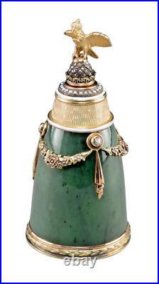 A Faberge Imperial Russian 14 Gold Diamond Pearly & Nephrite Scent Bottle