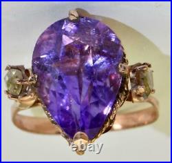 Amazing antique Imperial Russian 18k gold, Diamonds& 7ct Pear cut Amethyst ring