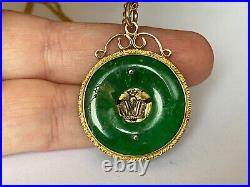 Ant. Imperial Rus era Faberge KF Gold 56 Green Enamel Diamond Pendant Necklace