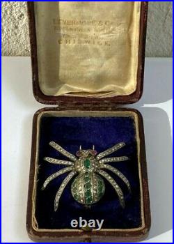 Ant. Imperial Russian Faberge Spider Brooch 14k 56 Gold Diamonds Ruby Emeralds #