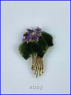 Ant. Rare Imperial Russian Faberge 14k Gold 56 Jade Diamond Amethyst Lady Brooch
