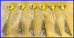 Antique 19 th Russian, 875 Silver Lot 6 Mocha coffee partially gilded Spoon