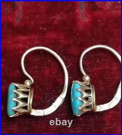 Antique Earrings Miniature Turquoise Tsar Royal Empire Hallmark 56 14K Gold A962