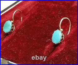 Antique Earrings Miniature Turquoise Tsar Royal Empire Hallmark 56 14K Gold A962