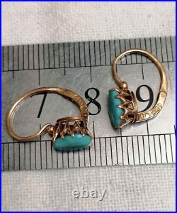 Antique Earrings Miniature Turquoise Tsar Royal Empire Hallmark 56 14K Gold A962