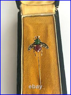 Antique INSECT Stick Pin Brooch Imperial Russian Faberge 14k Gold Ruby Diamond
