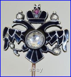 Antique Imperial Rus Tsar's Faberge Lapel Pin 14K Gold Enamel 1.5ct Diamond Ruby