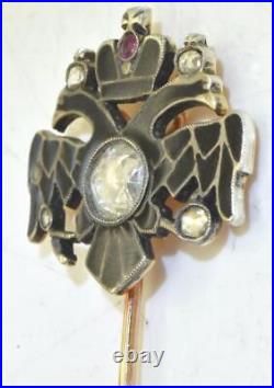 Antique Imperial Rus Tsar's Faberge Lapel Pin 14K Gold Enamel 1.5ct Diamond Ruby