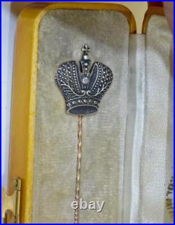 Antique Imperial Russ Tsar Faberge Lapel Pin Romanov's Crown 14k Gold Diamond