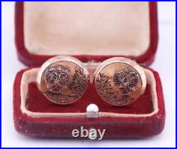 Antique Imperial Russian Eagles Cufflinks Set 14k Gold Hand Engraved c1890 Boxed
