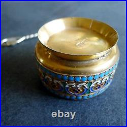 Antique Imperial Russian Enamel Cloisonne Silver Gold Salt Cellar/Salt Spoon 2