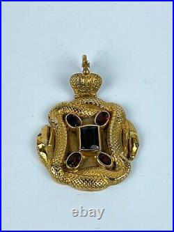 Antique Imperial Russian Faberge 84 Silver Gold Pl Garnets Snake & Crown Pendant