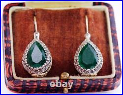 Antique Imperial Russian Faberge Earrings Set 14k Gold 11ct Emerald Diamond-Box
